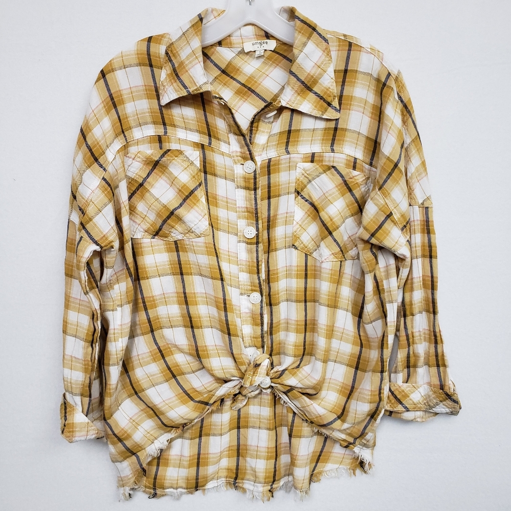 Umgee USA Sm Plaid Button Top Shirt Fray Hem Gold White Loose Fit See Notes